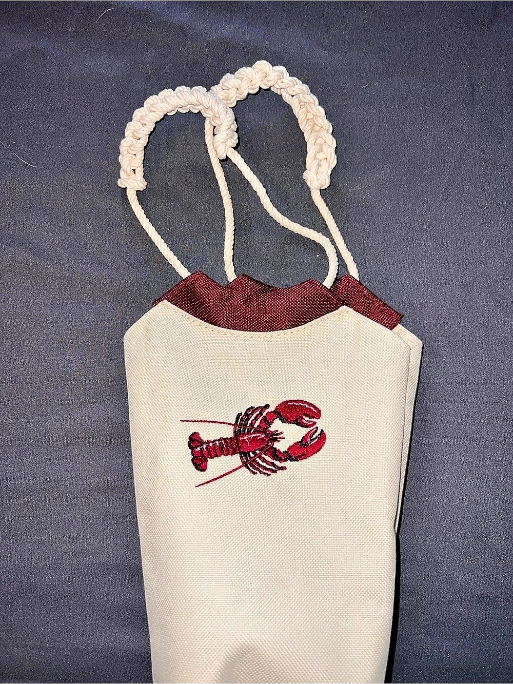 Lobster Embroidered Wine Tote in Cream & Burgundy